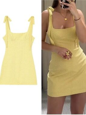 NEW INDEFEIR Yellow Gingham Tie-Shoulder Mini Dress SIZE S